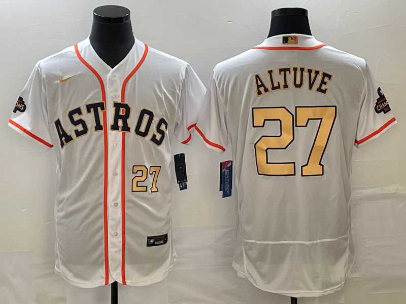 Mens Houston Astros #27 Jose Altuve Number 2023 White Gold World Serise Champions Patch Flex Base Stitched Jersey->houston astros->MLB Jersey